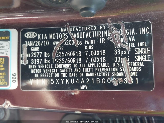 Aukcja sprzedaży 2011 Kia Sorento Ex V6, vin: 5XYKU4A21BG022381, numer aukcji: 46002829