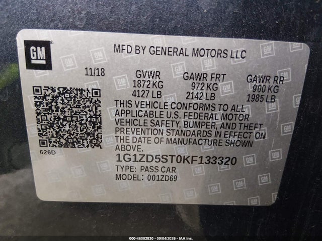 46002830 :رقم المزاد ، 1G1ZD5ST0KF133320 vin ، 2019 Chevrolet Malibu Lt مزاد بيع