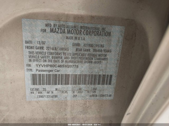 Aukcja sprzedaży 2008 Mazda Mazda6 I Sport Ve, vin: 1YVHP80C485M20778, numer aukcji: 46002841