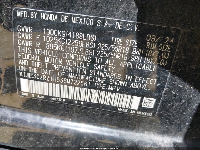 Продажа на аукционе авто 2025 Honda Hr-v 2wd Sport, vin: 3CZRZ1H53SM722561, номер лота: 46002850