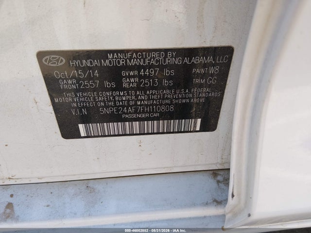 2015 Hyundai Sonata Se მანქანა იყიდება აუქციონზე, vin: 5NPE24AF7FH110808, აუქციონის ნომერი: 46002852