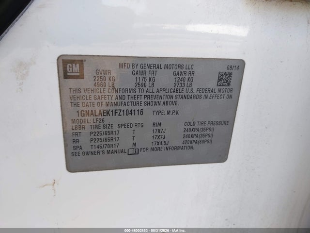 Продажа на аукционе авто 2015 Chevrolet Equinox Ls, vin: 1GNALAEK1FZ104116, номер лота: 46002853