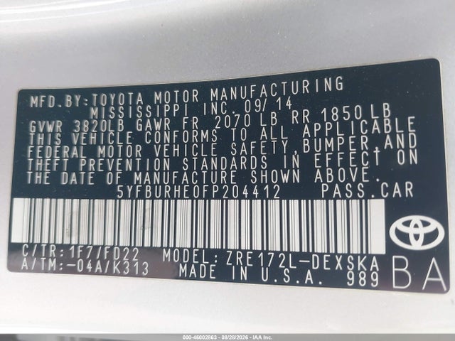46002863 :رقم المزاد ، 5YFBURHE0FP204412 vin ، 2015 Toyota Corolla S Plus مزاد بيع