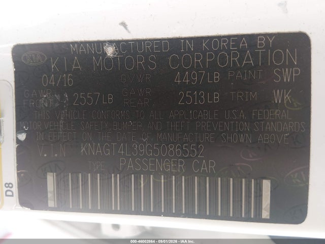 Продажа на аукционе авто 2016 Kia Optima Lx, vin: KNAGT4L39G5086552, номер лота: 46002864