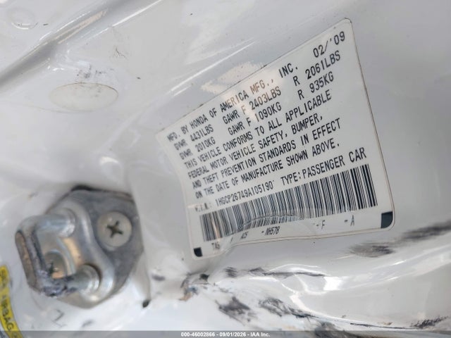 46002866 :رقم المزاد ، 1HGCP26749A105190 vin ، 2009 Honda Accord 2.4 Ex مزاد بيع