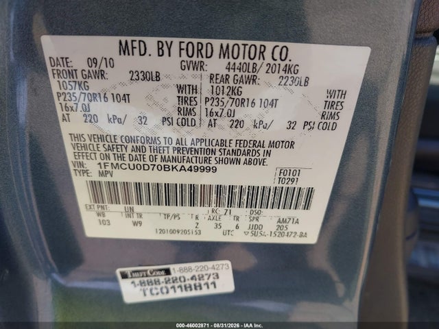 Продаж на аукціоні авто 2011 Ford Escape Xlt, vin: 1FMCU0D70BKA49999, номер лоту: 46002871