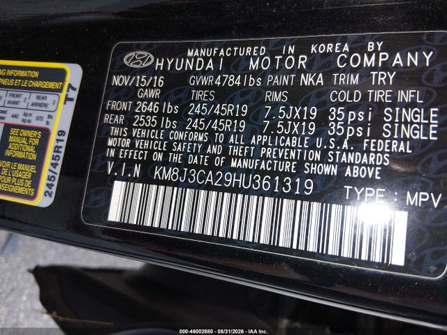 KM8J3CA29HU361319 Hyundai Tucson Sport