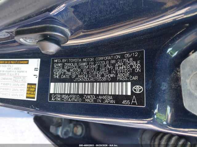 Aukcja sprzedaży 2012 Toyota Prius Two, vin: JTDKN3DU4C1553810, numer aukcji: 46002883
