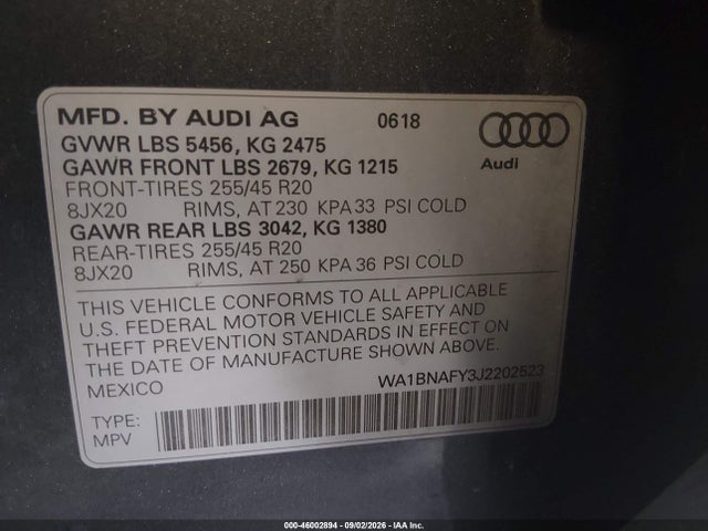 Aukcja sprzedaży 2018 Audi Q5 2.0t Premium/2.0t Tech Premium, vin: WA1BNAFY3J2202523, numer aukcji: 46002894