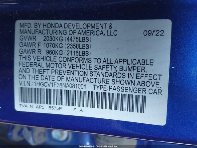 1HGCV1F38NA081001 Honda Accord Sport