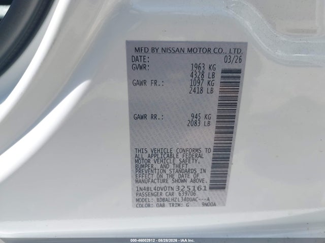 Продажа на аукционе авто 2026 Nissan Altima Sv Fwd, vin: 1N4BL4DV0TN325161, номер лота: 46002912