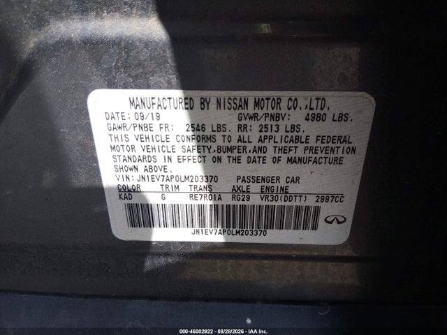 46002922 :رقم المزاد ، JN1EV7AP0LM203370 vin ، 2020 Infiniti Q50 Edition 30 مزاد بيع