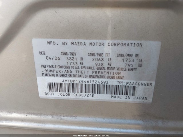 Aukcja sprzedaży 2006 Mazda Mazda3 I, vin: JM1BK12G461524693, numer aukcji: 46002927