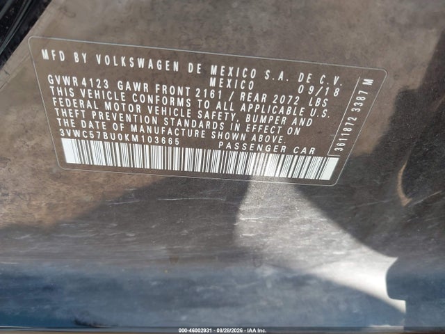 46002931 :رقم المزاد ، 3VWC57BU0KM103665 vin ، 2019 Volkswagen Jetta 1.4t R-line/1.4t S/1.4t Se مزاد بيع