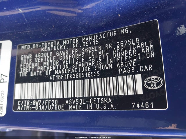 Aukcja sprzedaży 2016 Toyota Camry Se, vin: 4T1BF1FK3GU516535, numer aukcji: 46002957