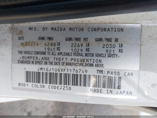 Aukcja sprzedaży 2015 Mazda Mazda6 I Sport, vin: JM1GJ1U6XF1176749, numer aukcji: 46002960