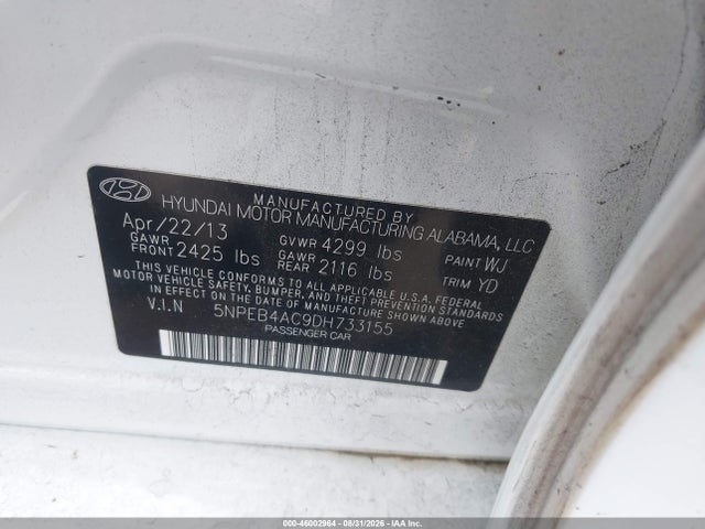 Продажа на аукционе авто 2013 Hyundai Sonata Gls, vin: 5NPEB4AC9DH733155, номер лота: 46002964