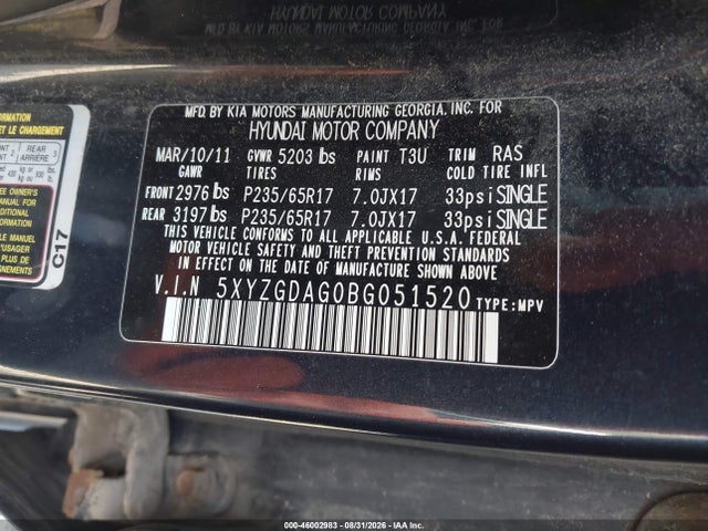Продажа на аукционе авто 2011 Hyundai Santa Fe Gls V6, vin: 5XYZGDAG0BG051520, номер лота: 46002983