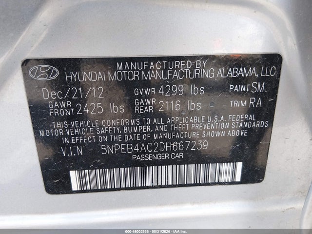 46002996 :رقم المزاد ، 5NPEB4AC2DH667239 vin ، 2013 Hyundai Sonata Gls مزاد بيع