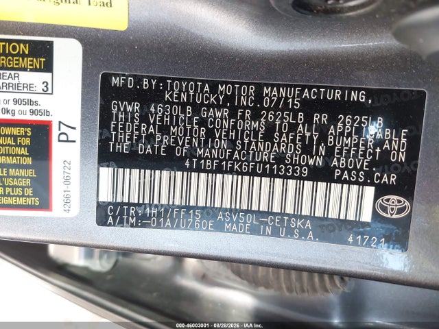 Продажа на аукционе авто 2015 Toyota Camry Se, vin: 4T1BF1FK6FU113339, номер лота: 46003001