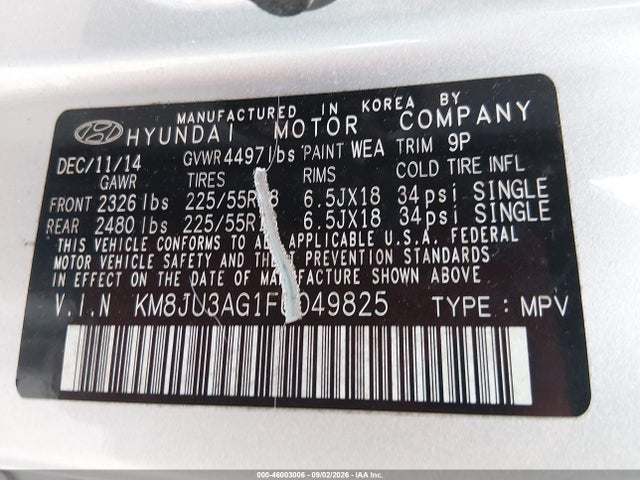 46003006 :رقم المزاد ، KM8JU3AG1FU049825 vin ، 2015 Hyundai Tucson Limited مزاد بيع