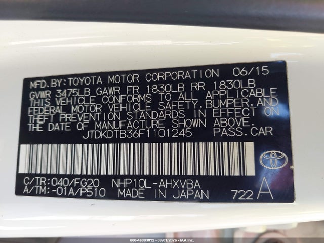 46003012 :رقم المزاد ، JTDKDTB36F1101245 vin ، 2015 Toyota Prius C Two مزاد بيع