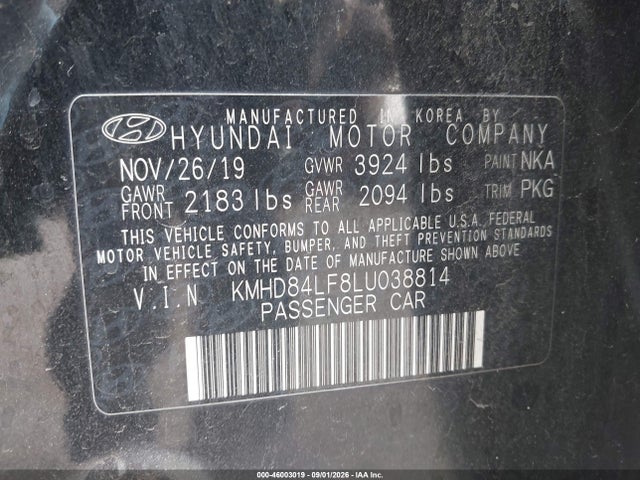 Продаж на аукціоні авто 2020 Hyundai Elantra Value Edition, vin: KMHD84LF8LU038814, номер лоту: 46003019