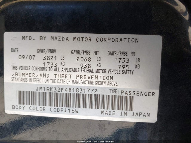 2008 Mazda Mazda3 I მანქანა იყიდება აუქციონზე, vin: JM1BK32F481831772, აუქციონის ნომერი: 46003025