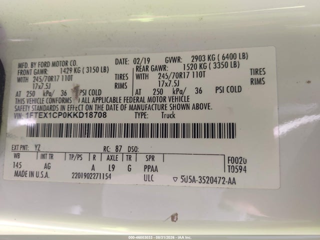 46003033 :رقم المزاد ، 1FTEX1CP0KKD18708 vin ، 2019 Ford F-150 Xl مزاد بيع