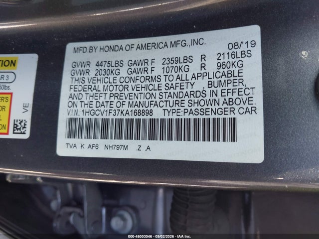 Aukcja sprzedaży 2019 Honda Accord Sport, vin: 1HGCV1F37KA168898, numer aukcji: 46003046