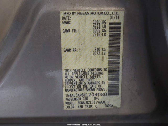 Aukcja sprzedaży 2014 Nissan Altima 2.5 Sv, vin: 1N4AL3AP6EC204080, numer aukcji: 46003048