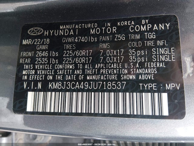Aukcja sprzedaży 2018 Hyundai Tucson Sel, vin: KM8J3CA49JU718537, numer aukcji: 46003057