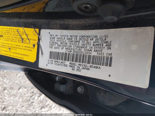 Aukcja sprzedaży 2002 Lexus Es 300, vin: JTHBF30G225016694, numer aukcji: 46003059