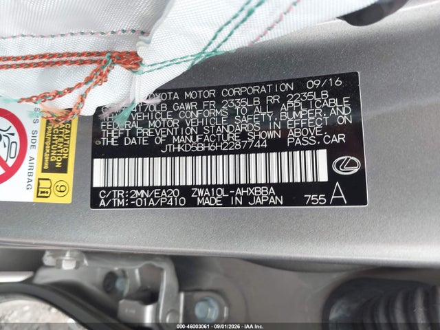 46003061 :رقم المزاد ، JTHKD5BH6H2287744 vin ، 2017 Lexus Ct 200h مزاد بيع