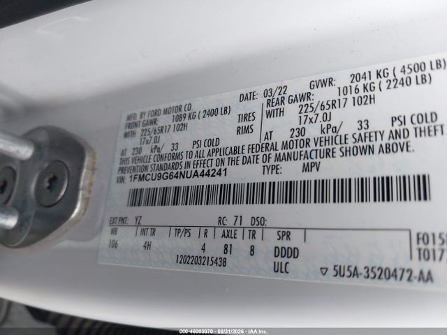 1FMCU9G64NUA44241 Ford ESCAPE SE