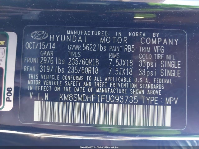 Hyundai Santa Fe Gls 2015 KM8SMDHF1FU093735 Image 9