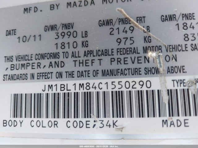 46003080 :رقم المزاد ، JM1BL1M84C1550290 vin ، 2012 Mazda Mazda3 I Grand Touring مزاد بيع