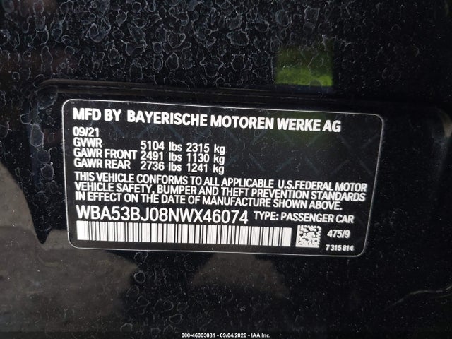 Aukcja sprzedaży 2022 Bmw 540 I, vin: WBA53BJ08NWX46074, numer aukcji: 46003081