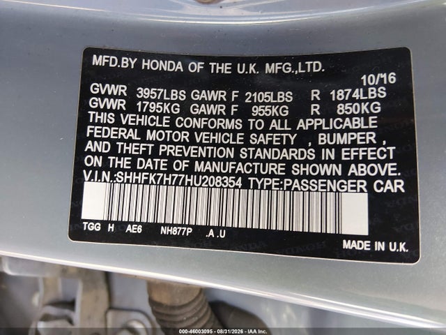 2017 Honda Civic Ex-l მანქანა იყიდება აუქციონზე, vin: SHHFK7H77HU208354, აუქციონის ნომერი: 46003095