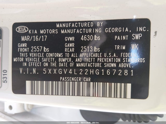 46003099 :رقم المزاد ، 5XXGV4L22HG167281 vin ، 2017 Kia Optima Sxl Turbo مزاد بيع