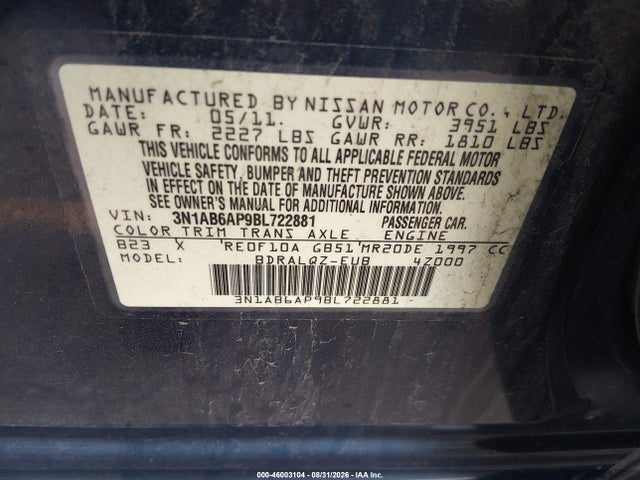 Aukcja sprzedaży 2011 Nissan Sentra 2.0, vin: 3N1AB6AP9BL722881, numer aukcji: 46003104