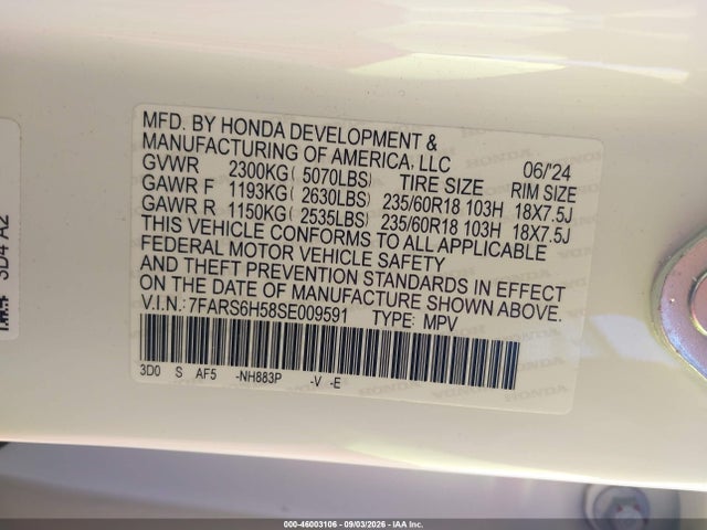 46003106 :رقم المزاد ، 7FARS6H58SE009591 vin ، 2025 Honda Cr-v Hybrid Sport مزاد بيع