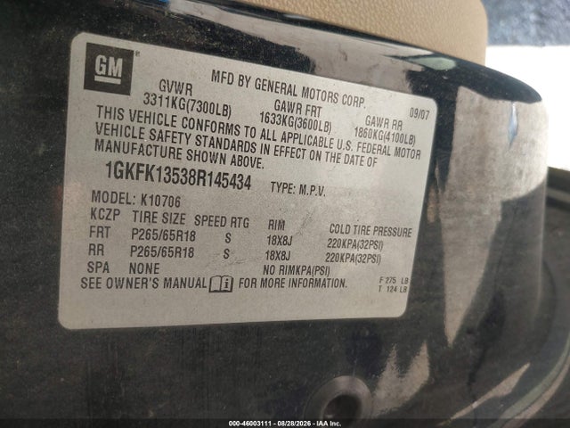 46003111 :رقم المزاد ، 1GKFK13538R145434 vin ، 2008 Gmc Yukon Hybrid مزاد بيع