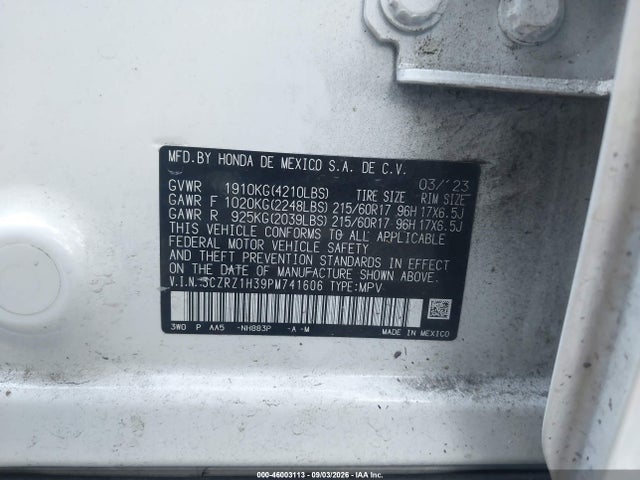 46003113 :رقم المزاد ، 3CZRZ1H39PM741606 vin ، 2023 Honda Hr-v 2wd Lx مزاد بيع