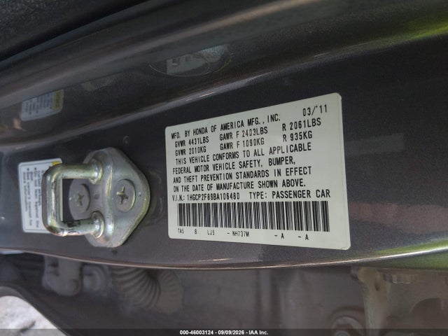46003124 :رقم المزاد ، 1HGCP2F89BA106480 vin ، 2011 Honda Accord 2.4 Ex-l مزاد بيع