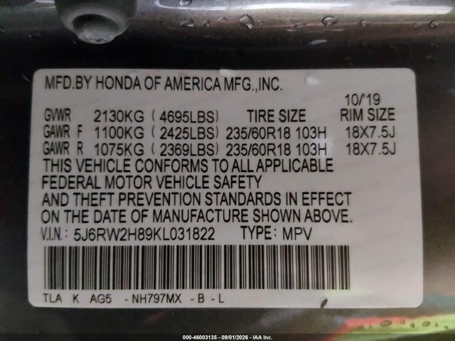 46003135 :رقم المزاد ، 5J6RW2H89KL031822 vin ، 2019 Honda Cr-v Ex-l مزاد بيع