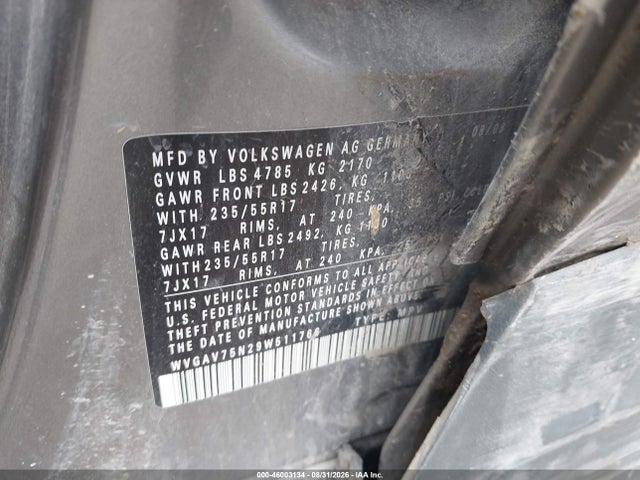 Продаж на аукціоні авто 2009 Volkswagen Tiguan S/se/sel, vin: WVGAV75N29W511766, номер лоту: 46003134