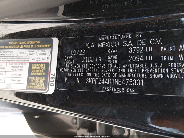 Продаж на аукціоні авто 2022 Kia Forte Lxs, vin: 3KPF24AD1NE475331, номер лоту: 46003150