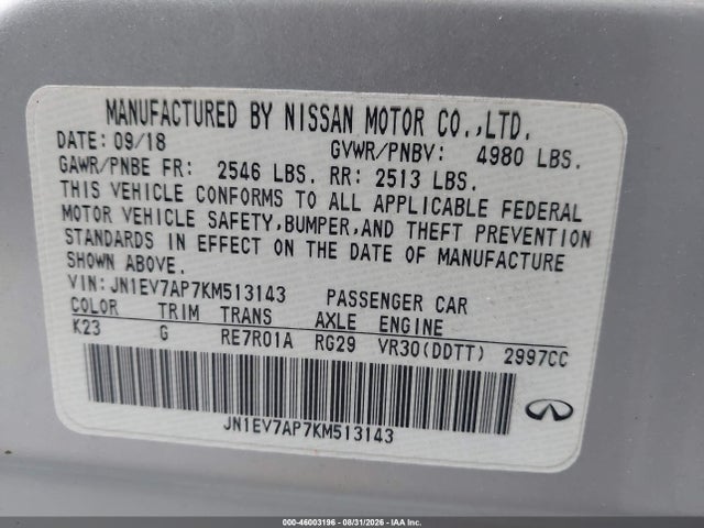 Aukcja sprzedaży 2019 Infiniti Q50 3.0t Luxe, vin: JN1EV7AP7KM513143, numer aukcji: 46003196