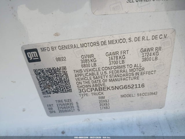 46003206 :رقم المزاد ، 3GCPABEK5NG652116 vin ، 2022 Chevrolet Silverado 1500 2wd  Short Bed Custom مزاد بيع